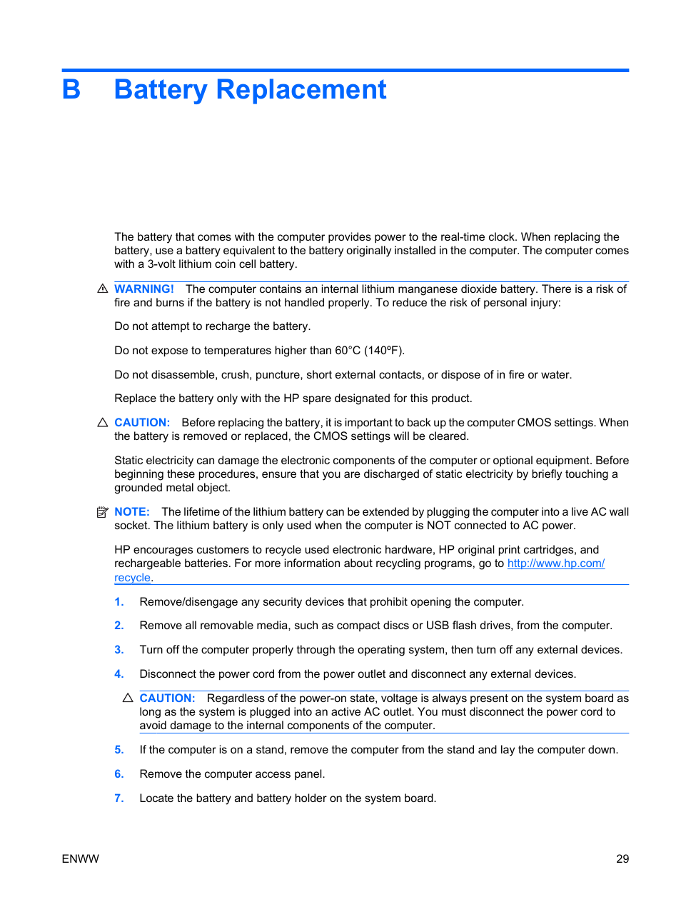 Battery replacement, Appendix b battery replacement, Bbattery replacement | Hitachi COMPAQ 8000 User Manual | Page 35 / 48