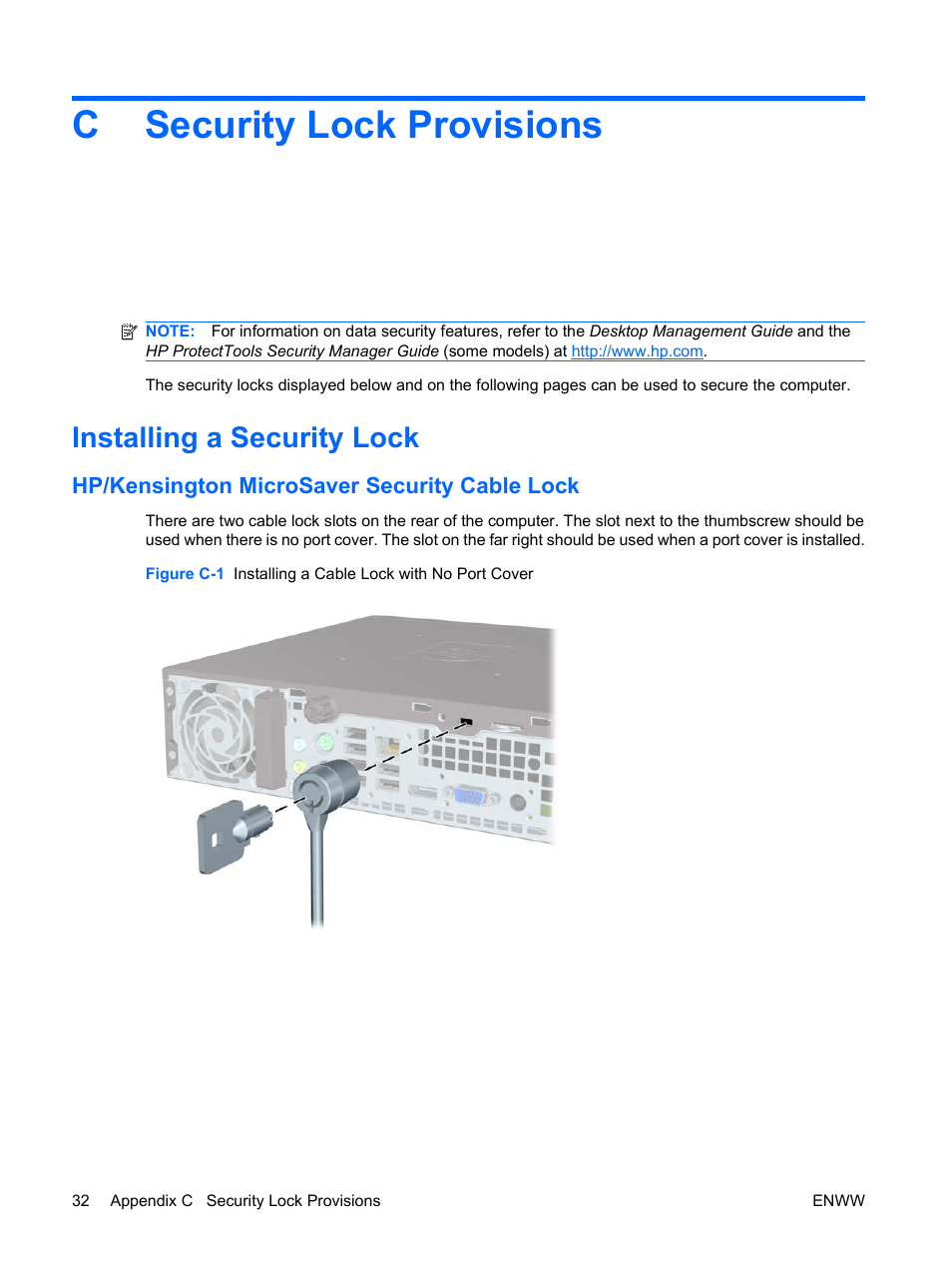 Security lock provisions, Installing a security lock, Hp/kensington microsaver security cable lock | Appendix c security lock provisions, Csecurity lock provisions | Hitachi COMPAQ 8000 User Manual | Page 38 / 48