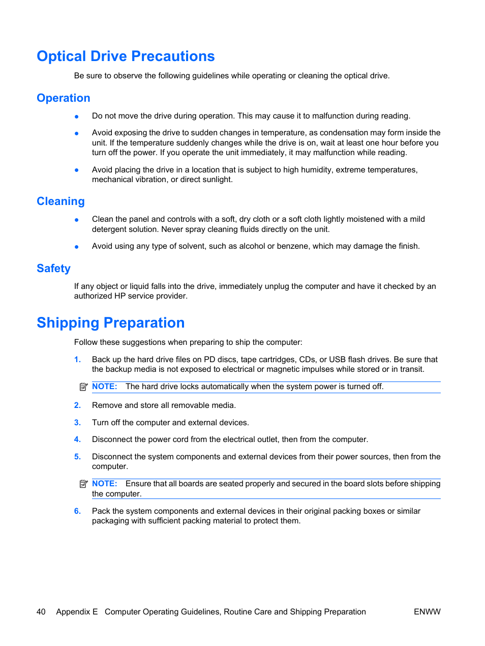 Optical drive precautions, Operation, Cleaning | Safety, Shipping preparation, Operation cleaning safety | Hitachi COMPAQ 8000 User Manual | Page 46 / 48