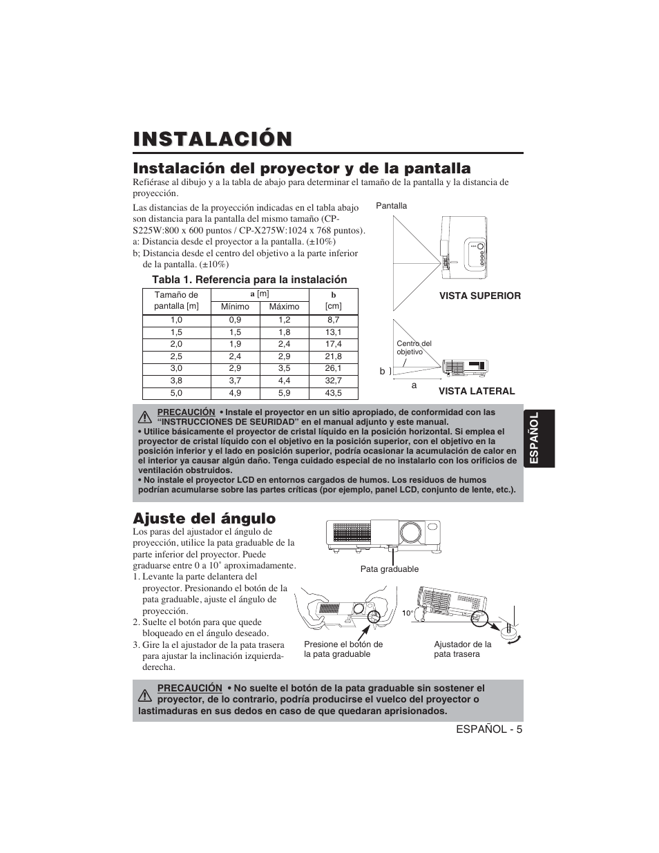 Instalación, Instalación del proyector y de la pantalla, Ajuste del ángulo | Hitachi CP-S225W User Manual | Page 102 / 205