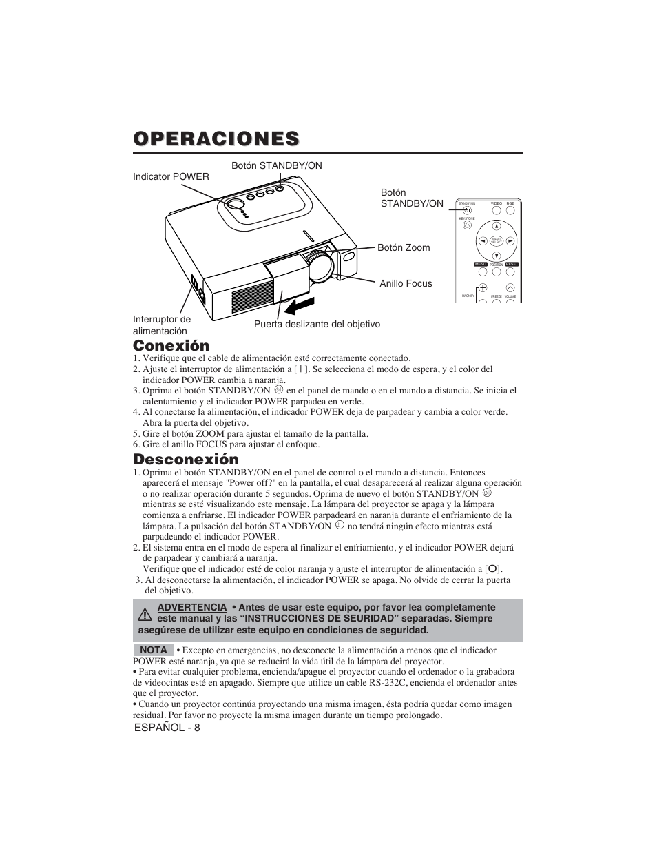 Operaciones, Conexión, Desconexión | Hitachi CP-S225W User Manual | Page 105 / 205