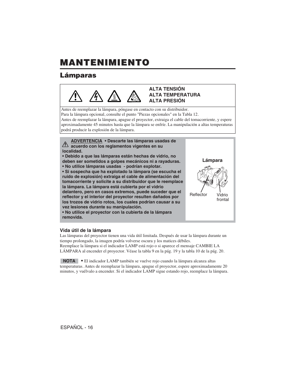 Mantenimiento, Lámparas | Hitachi CP-S225W User Manual | Page 113 / 205