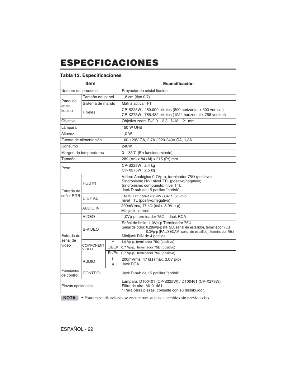 Especficaciones | Hitachi CP-S225W User Manual | Page 119 / 205