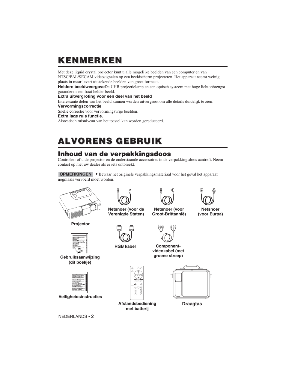 Kenmerken, Alvorens gebruik, Inhoud van de verpakkingsdoos | Draagtas | Hitachi CP-S225W User Manual | Page 123 / 205