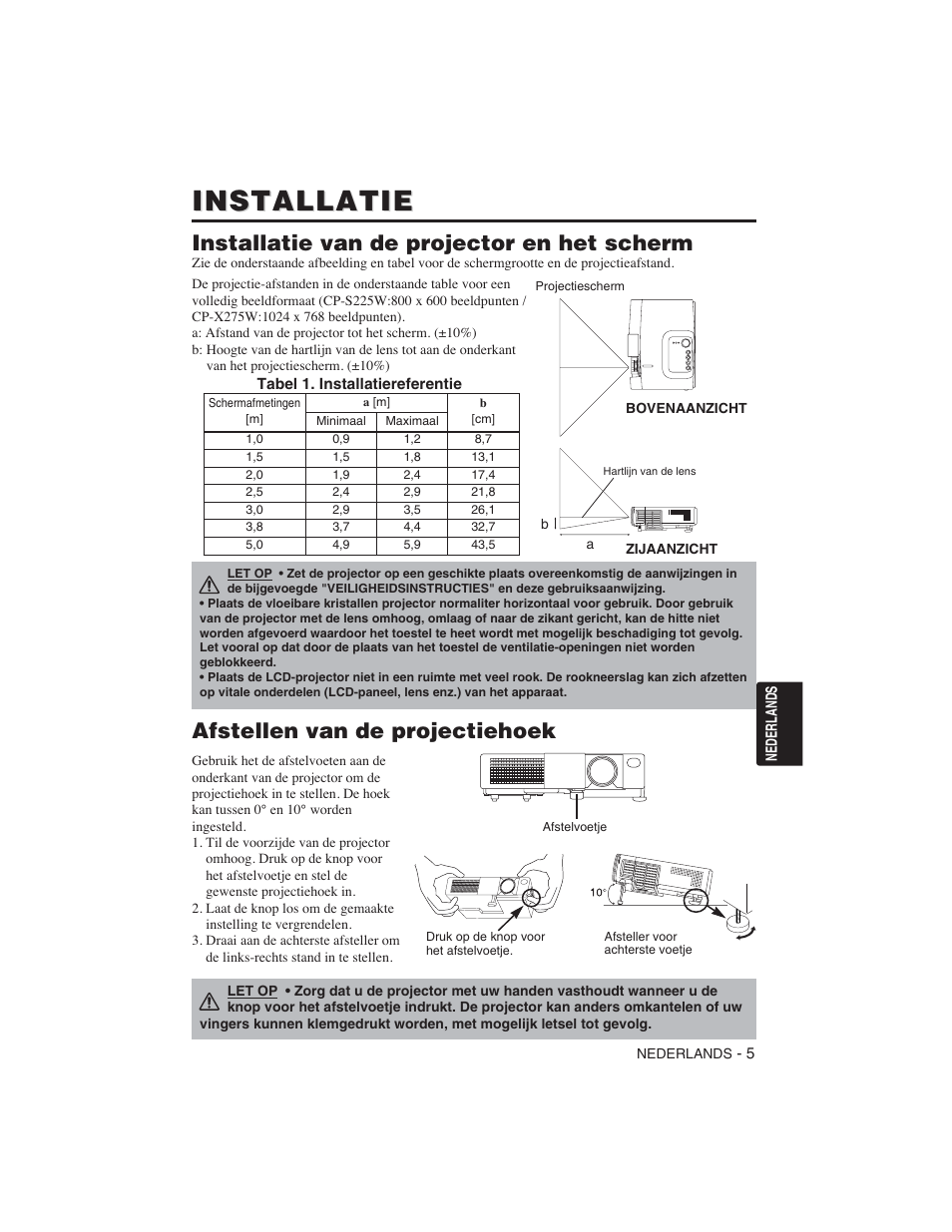 Installatie, Installatie van de projector en het scherm, Afstellen van de projectiehoek | Hitachi CP-S225W User Manual | Page 126 / 205