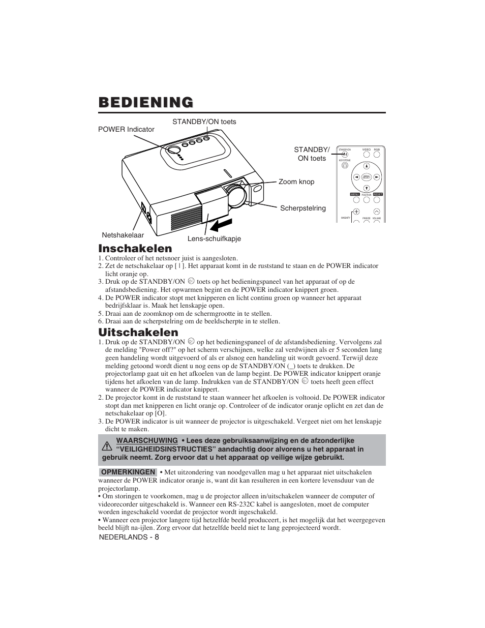 Bediening, Inschakelen, Uitschakelen | Hitachi CP-S225W User Manual | Page 129 / 205