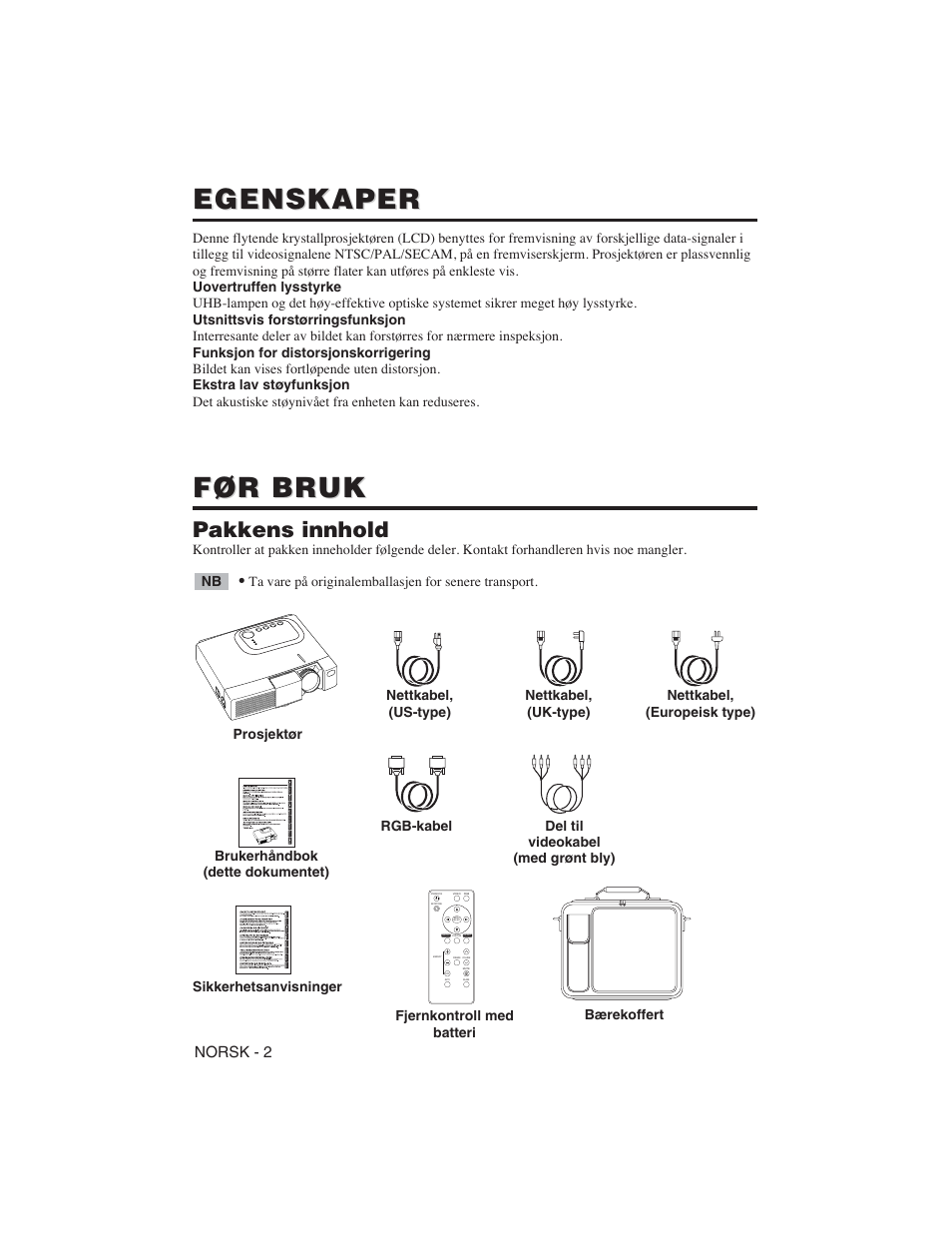 Egenskaper, Før bruk, Pakkens innhold | Norsk - 2 | Hitachi CP-S225W User Manual | Page 147 / 205