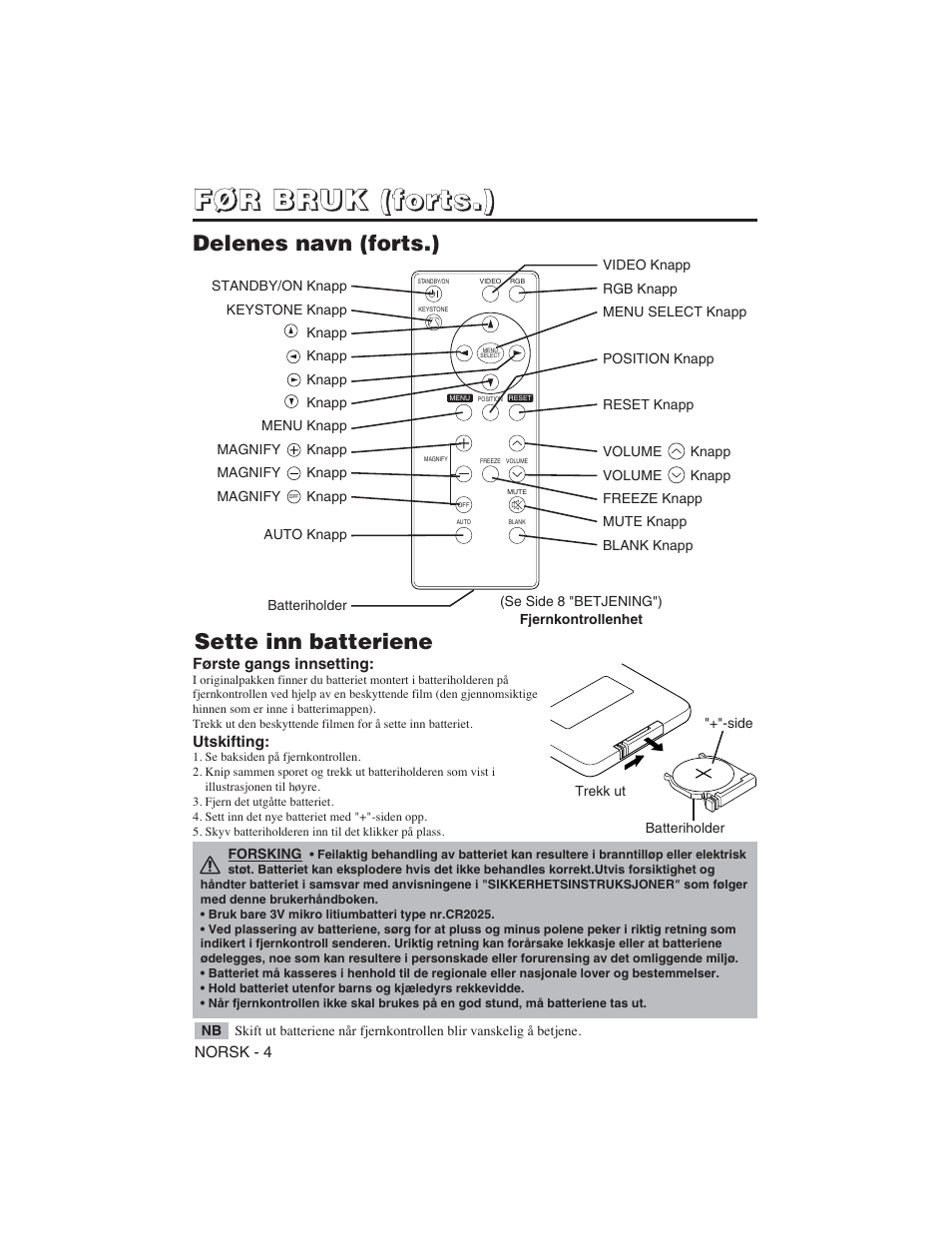 Delenes navn (forts.) sette inn batteriene | Hitachi CP-S225W User Manual | Page 149 / 205