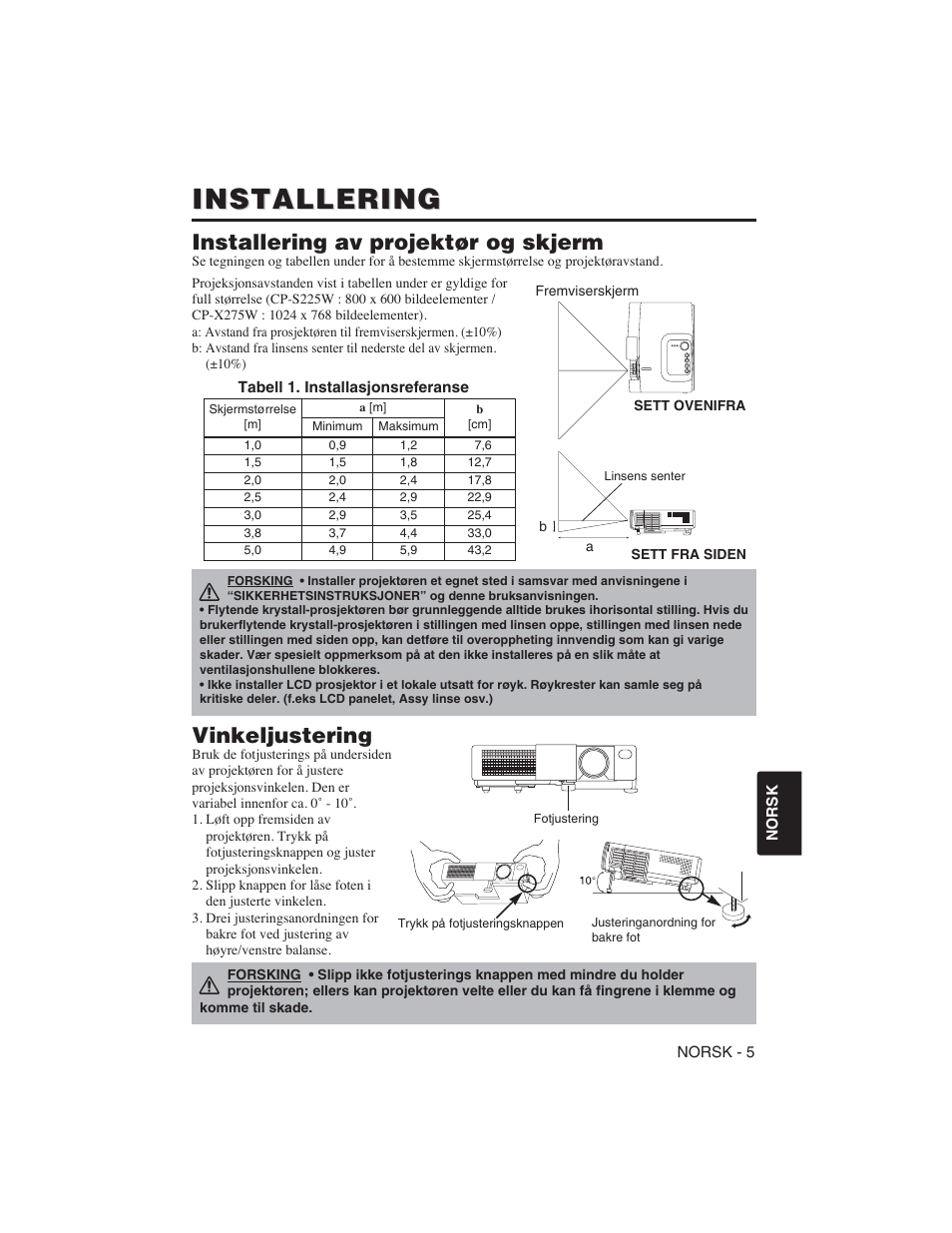 Installering, Installering av projektør og skjerm, Vinkeljustering | Hitachi CP-S225W User Manual | Page 150 / 205