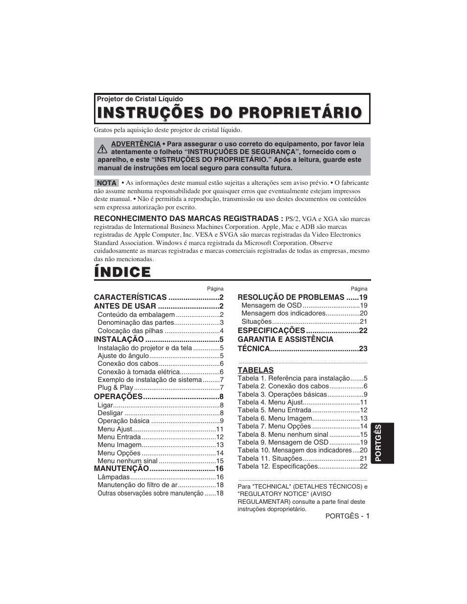 Instruções do proprietário, Índice | Hitachi CP-S225W User Manual | Page 170 / 205