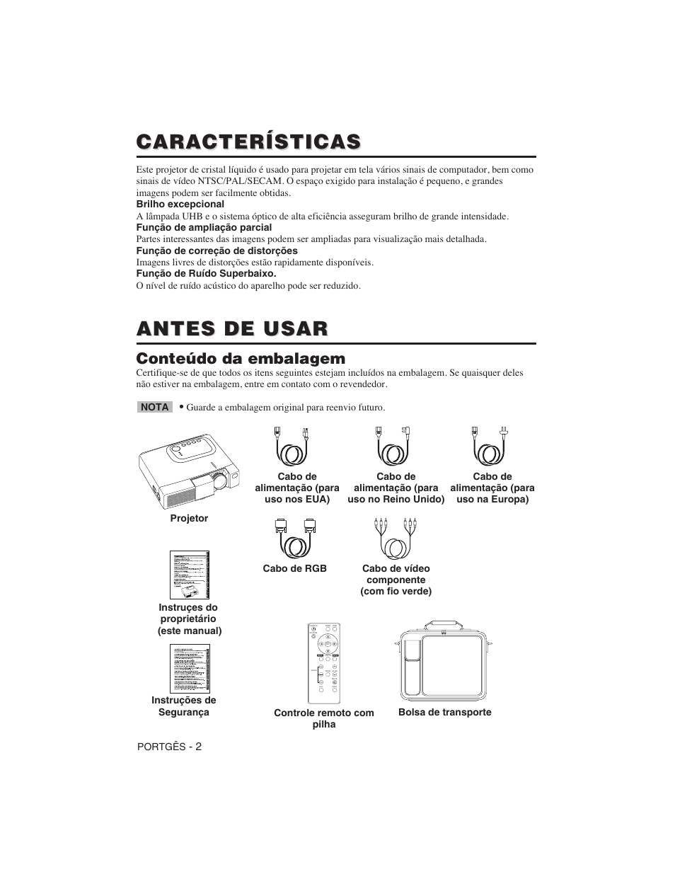 Características, Antes de usar, Conteúdo da embalagem | Hitachi CP-S225W User Manual | Page 171 / 205