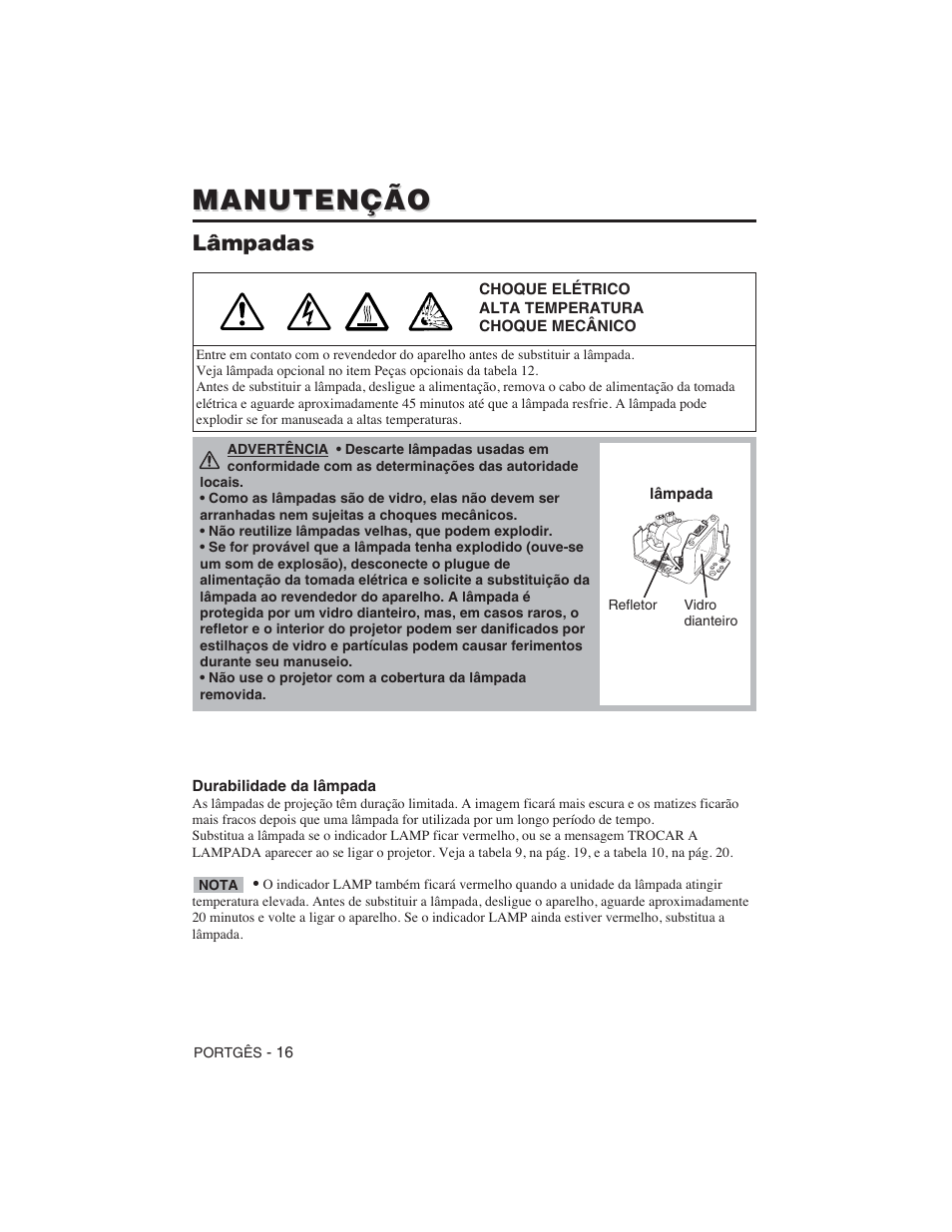 Manutenção, Lâmpadas | Hitachi CP-S225W User Manual | Page 185 / 205