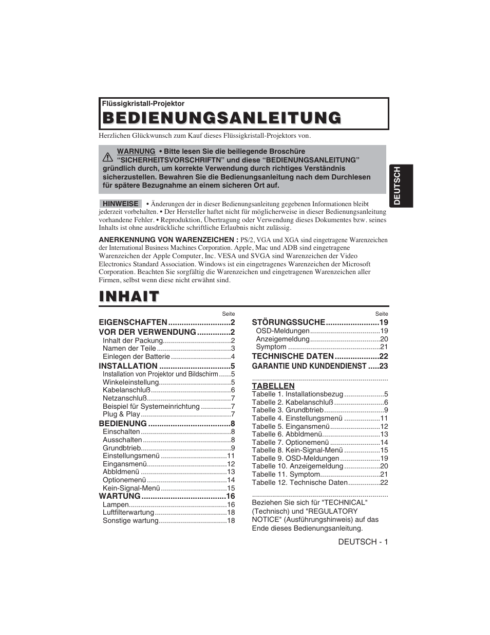 Bedienungsanleitung, Inhait | Hitachi CP-S225W User Manual | Page 26 / 205
