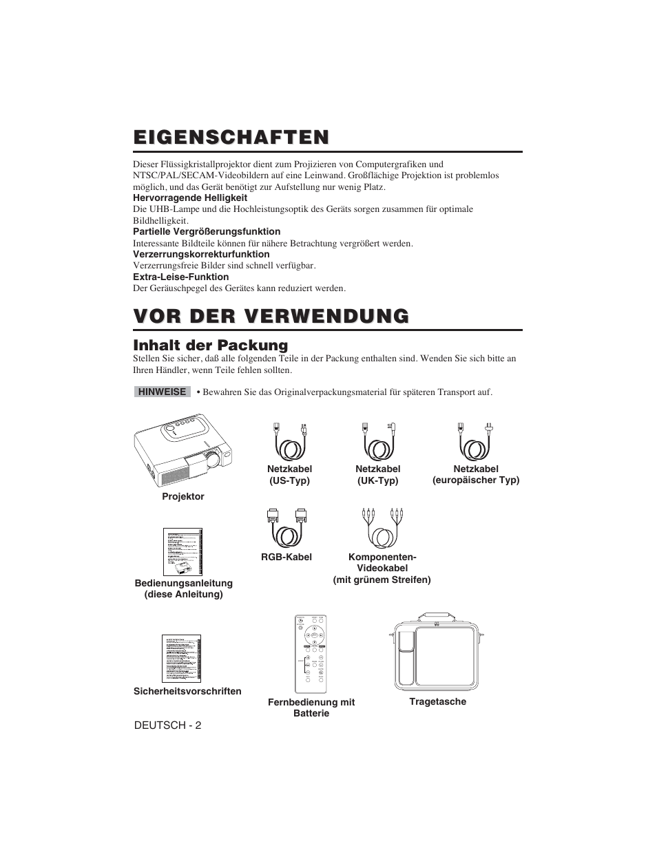 Eigenschaften, Vor der verwendung, Inhalt der packung | Deutsch - 2 | Hitachi CP-S225W User Manual | Page 27 / 205