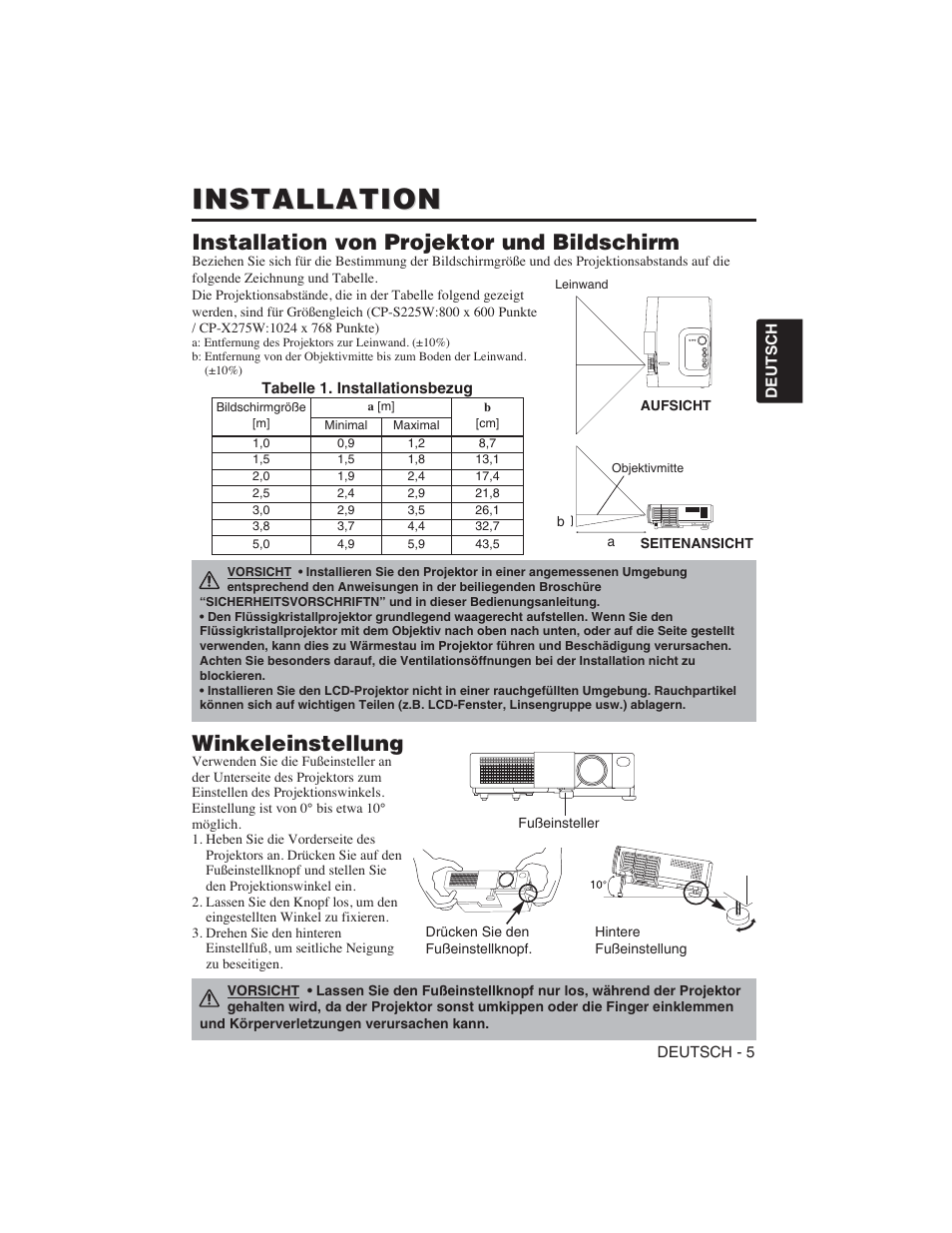 Installation, Installation von projektor und bildschirm, Winkeleinstellung | Hitachi CP-S225W User Manual | Page 30 / 205