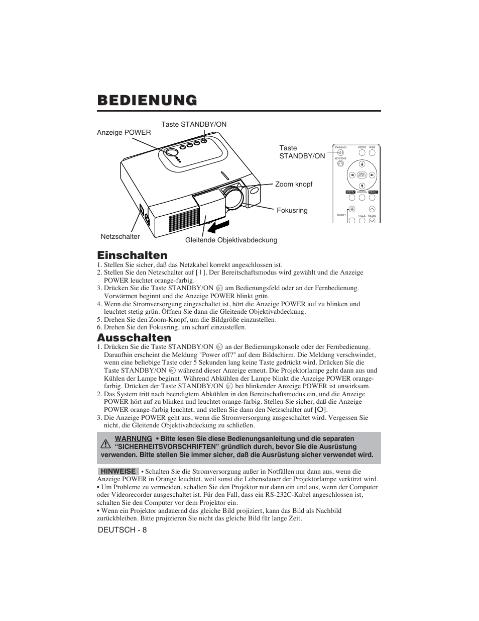 Bedienung, Einschalten, Ausschalten | Hitachi CP-S225W User Manual | Page 33 / 205