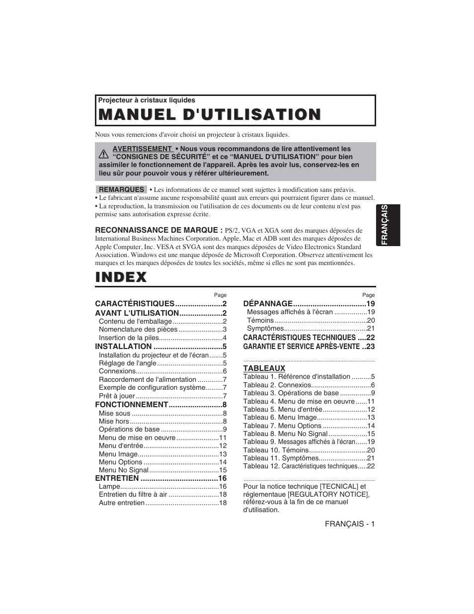 Manuel d'utilisation, Index | Hitachi CP-S225W User Manual | Page 50 / 205