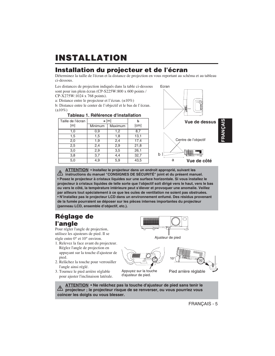 Installation, Installation du projecteur et de l'écran, Réglage de l'angle | Hitachi CP-S225W User Manual | Page 54 / 205