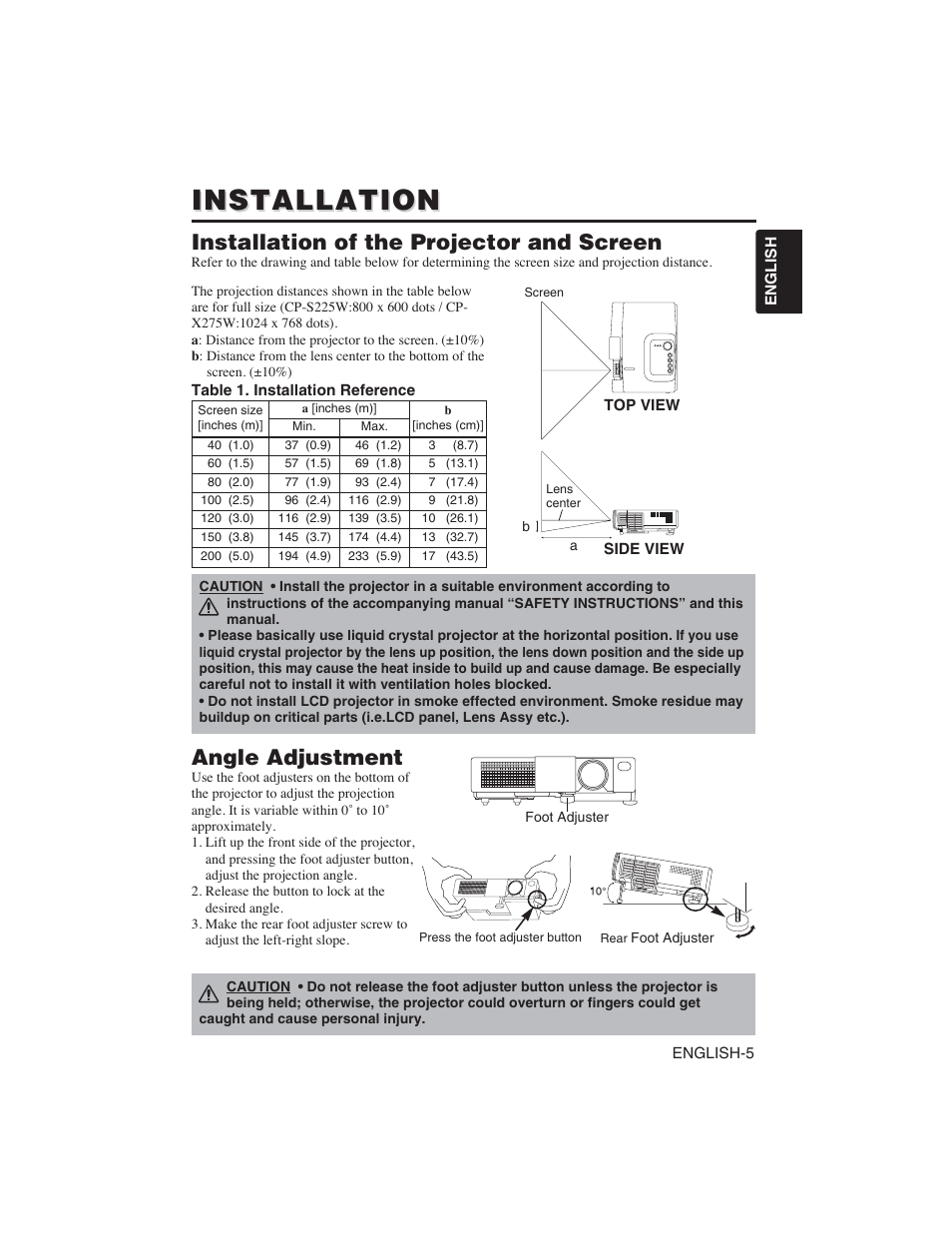 Installation, Installation of the projector and screen, Angle adjustment | Hitachi CP-S225W User Manual | Page 6 / 205