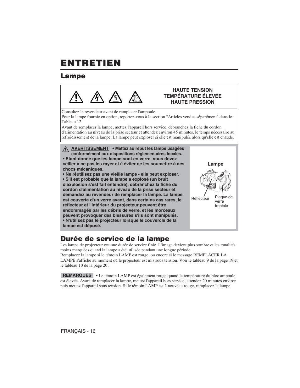 Entretien, Lampe, Durée de service de la lampe | Hitachi CP-S225W User Manual | Page 65 / 205