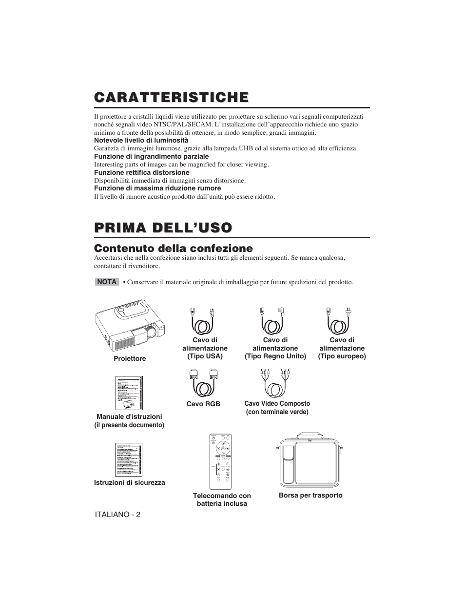 Caratteristiche, Prima dell’uso, Contenuto della confezione | Italiano - 2 | Hitachi CP-S225W User Manual | Page 75 / 205