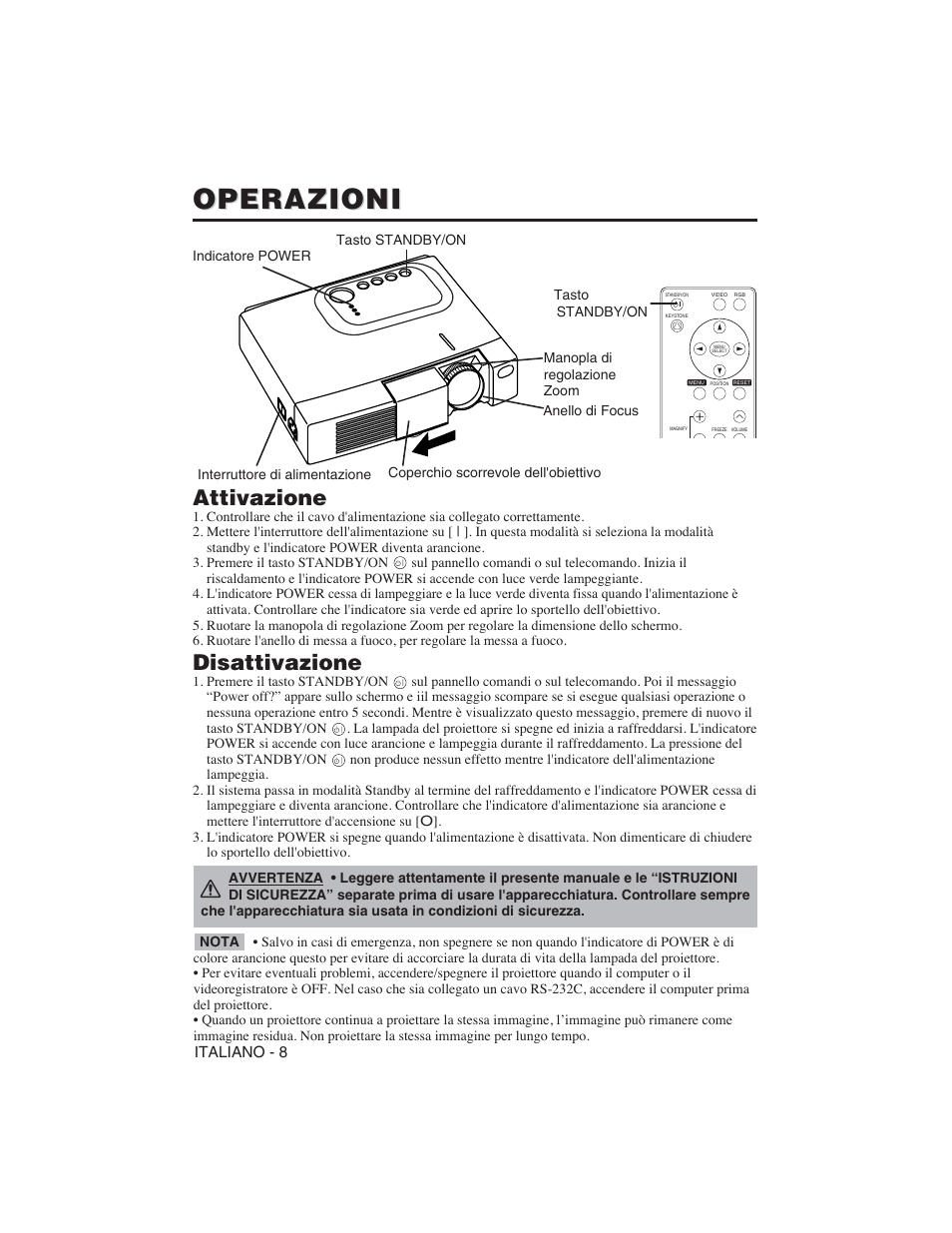 Operazioni, Attivazione, Disattivazione | Hitachi CP-S225W User Manual | Page 81 / 205