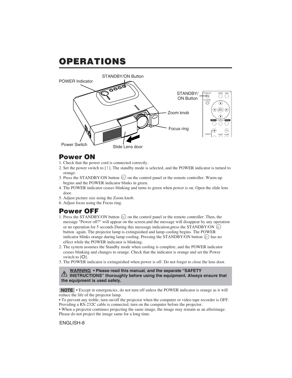 Operations, Power on, Power off | Hitachi CP-S225W User Manual | Page 9 / 205
