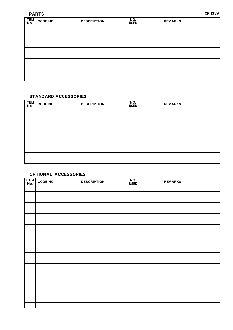 Parts optional accessories, Standard accessories | Hitachi POWER TOOLS CR 13VA User Manual | Page 33 / 37