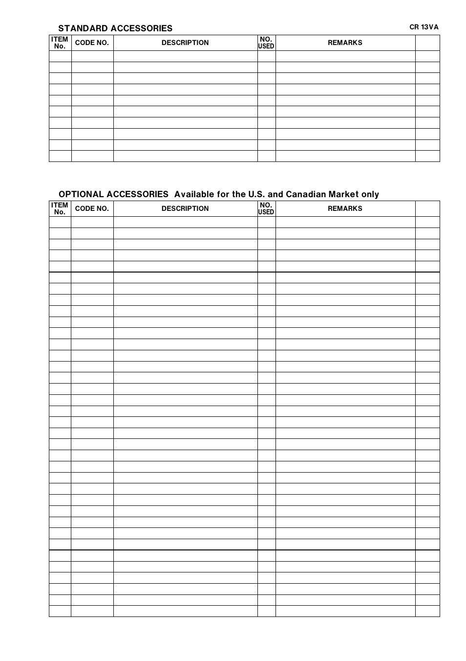 Standard accessories, Optional accessories, Available for the u.s. and canadian market only | Hitachi POWER TOOLS CR 13VA User Manual | Page 37 / 37