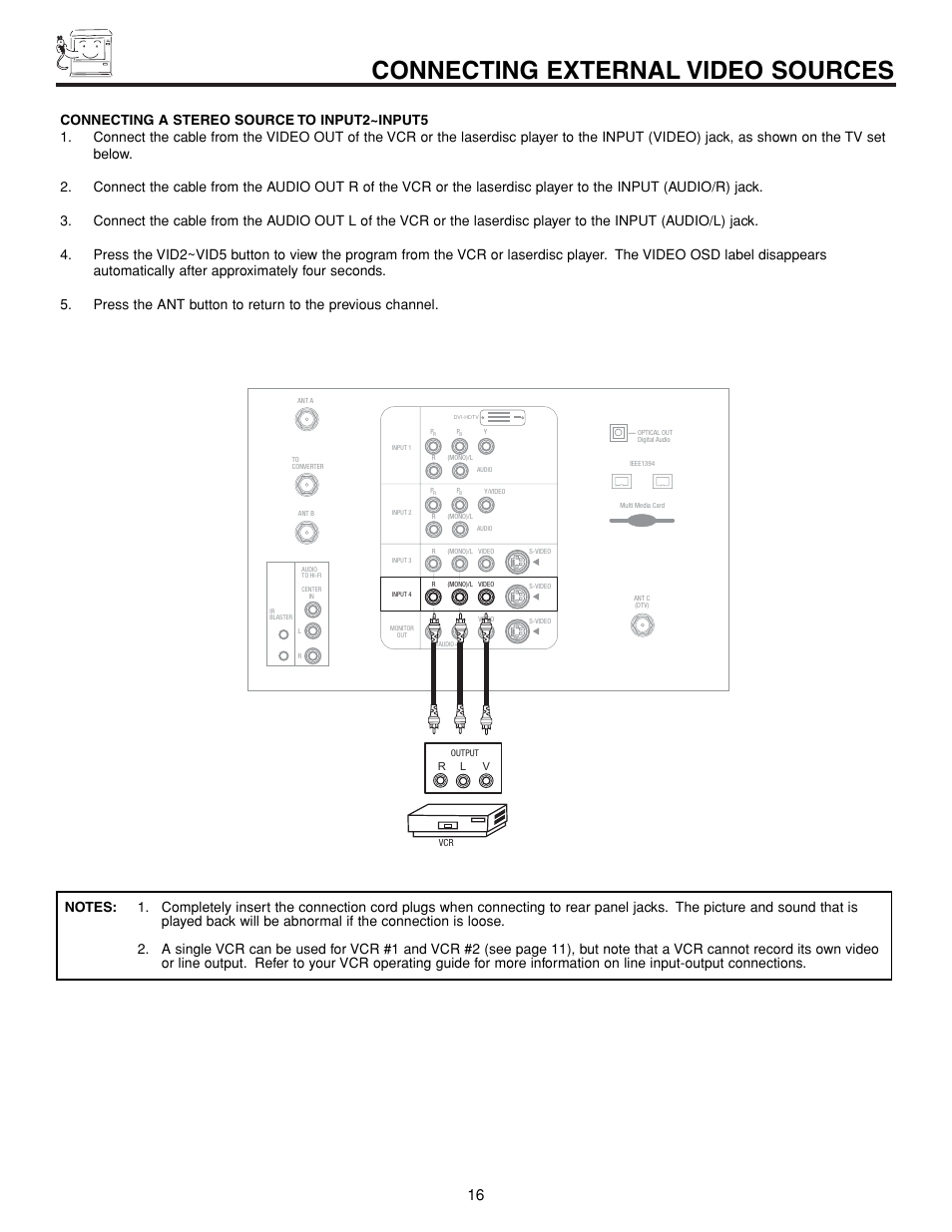 Connecting external video sources | Hitachi 57XWX20B User Manual | Page 16 / 80