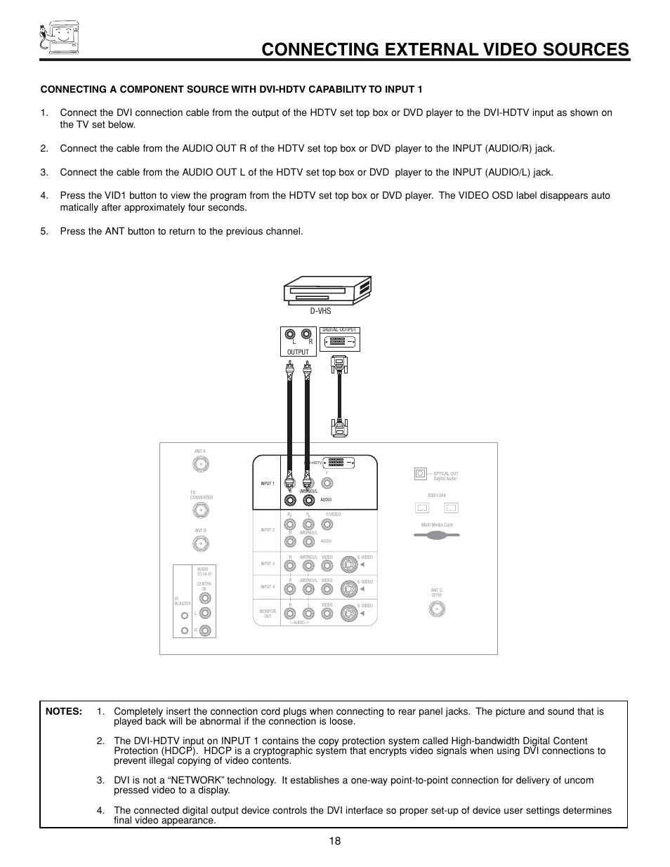 Connecting external video sources | Hitachi 57XWX20B User Manual | Page 18 / 80