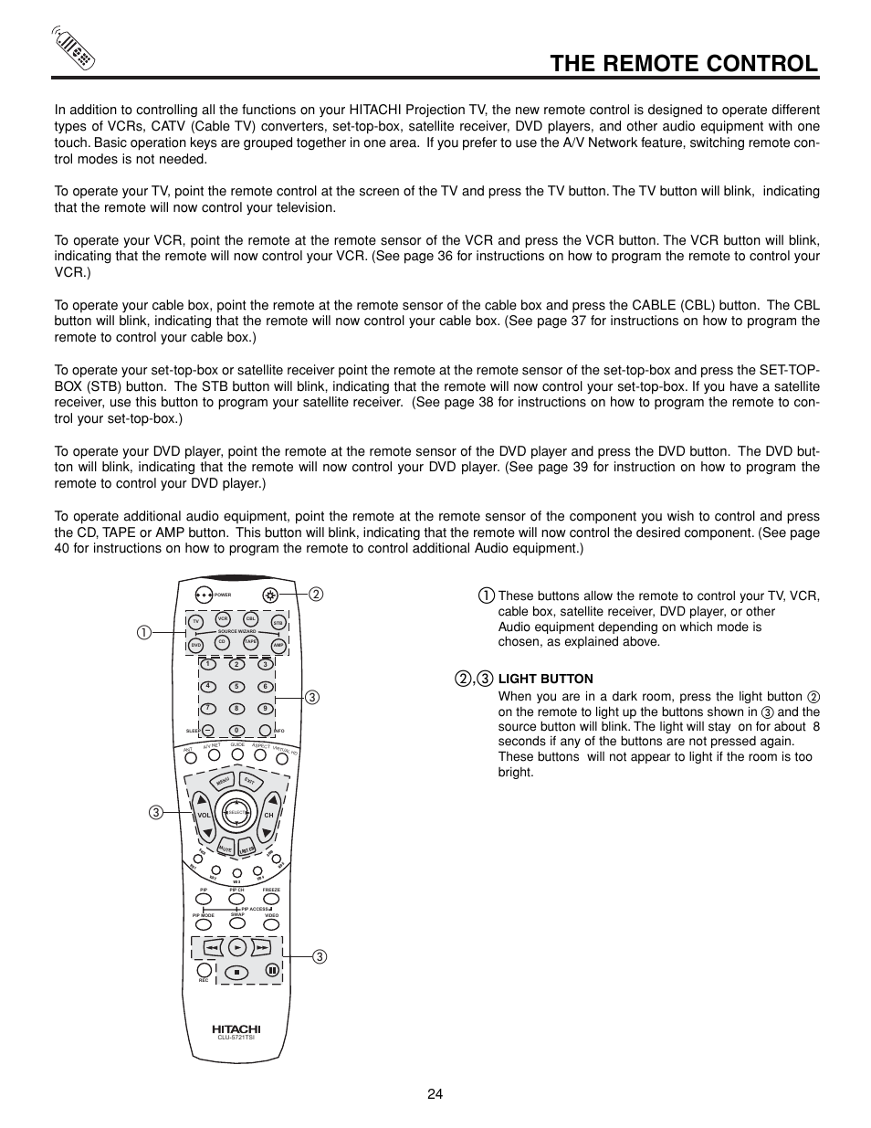 The remote control, ቢባ ቤ ቤ ቤ | Hitachi 57XWX20B User Manual | Page 24 / 80