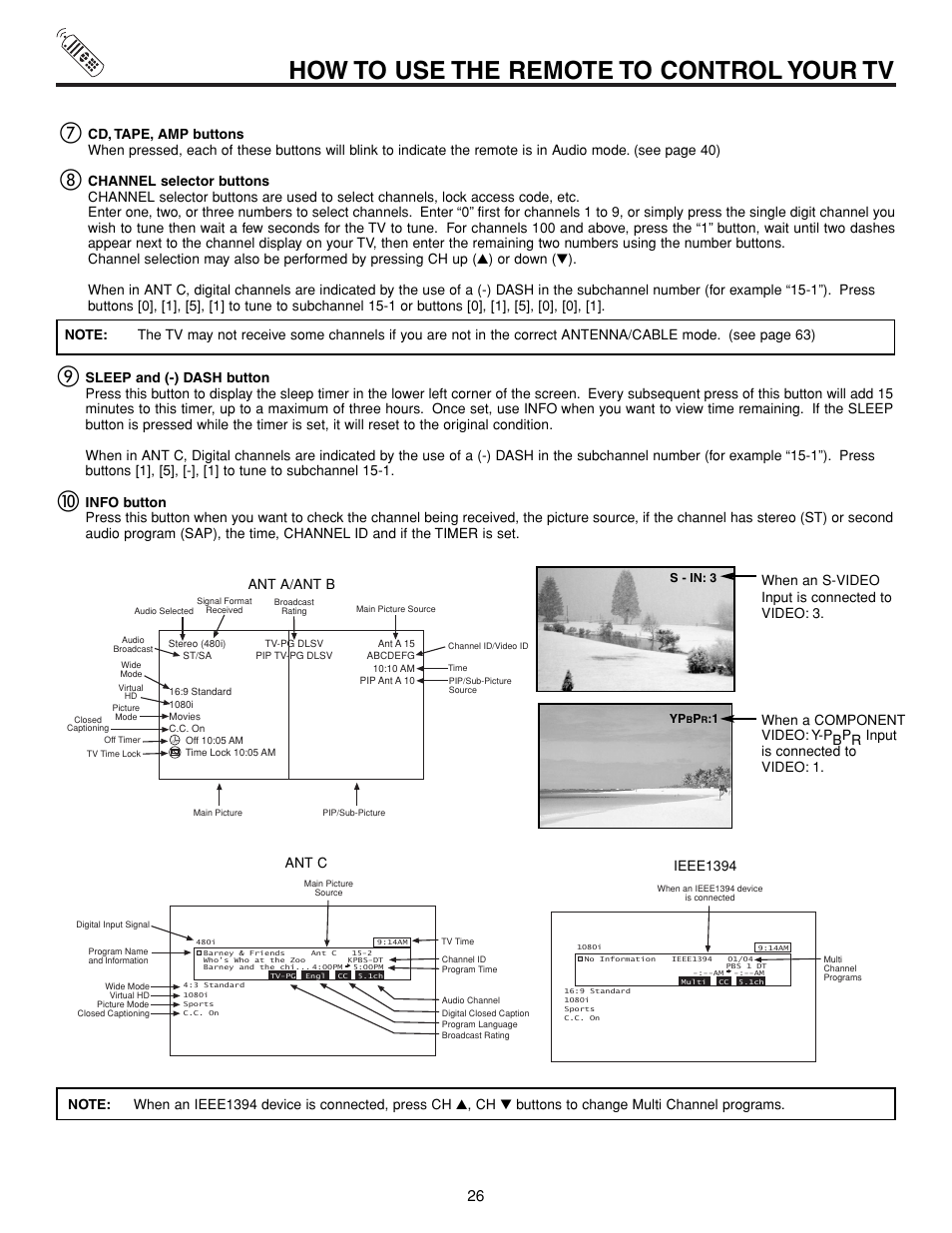 How to use the remote to control your tv, Ant a/ant b | Hitachi 57XWX20B User Manual | Page 26 / 80