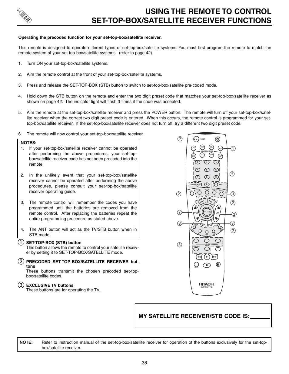 My satellite receiver/stb code is | Hitachi 57XWX20B User Manual | Page 38 / 80