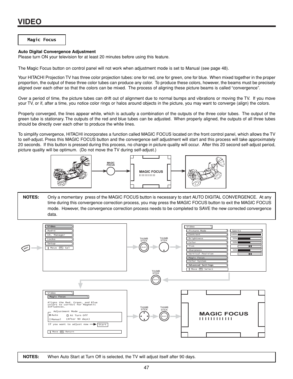 Video, Magic focus | Hitachi 57XWX20B User Manual | Page 47 / 80