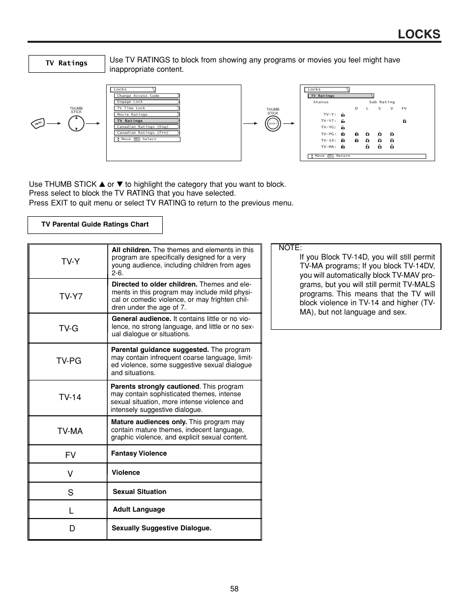 Locks, Tv-y tv-y7 tv-g tv-pg tv-14 tv-ma | Hitachi 57XWX20B User Manual | Page 58 / 80