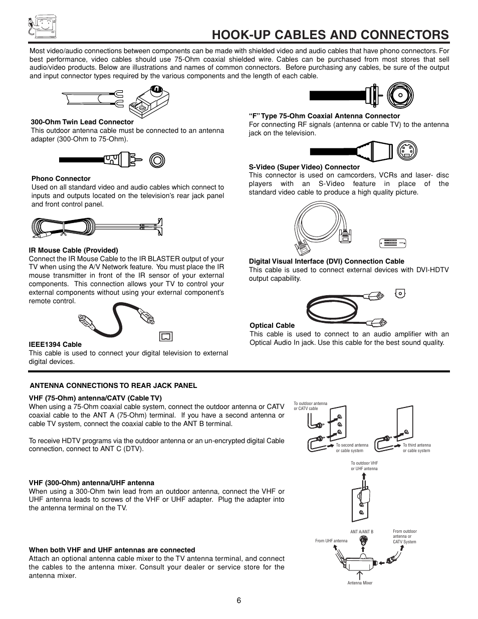 Hook-up cables and connectors | Hitachi 57XWX20B User Manual | Page 6 / 80