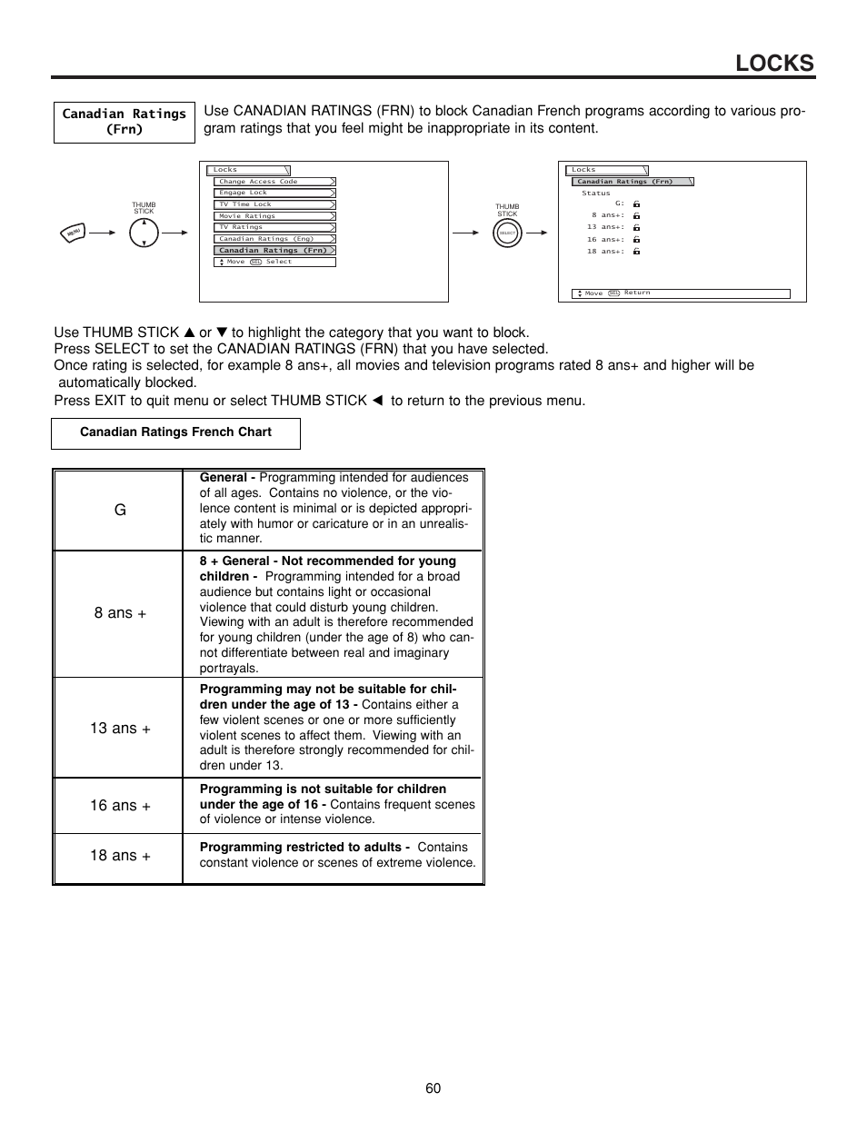 Locks, Canadian ratings (frn), Canadian ratings french chart | Hitachi 57XWX20B User Manual | Page 60 / 80