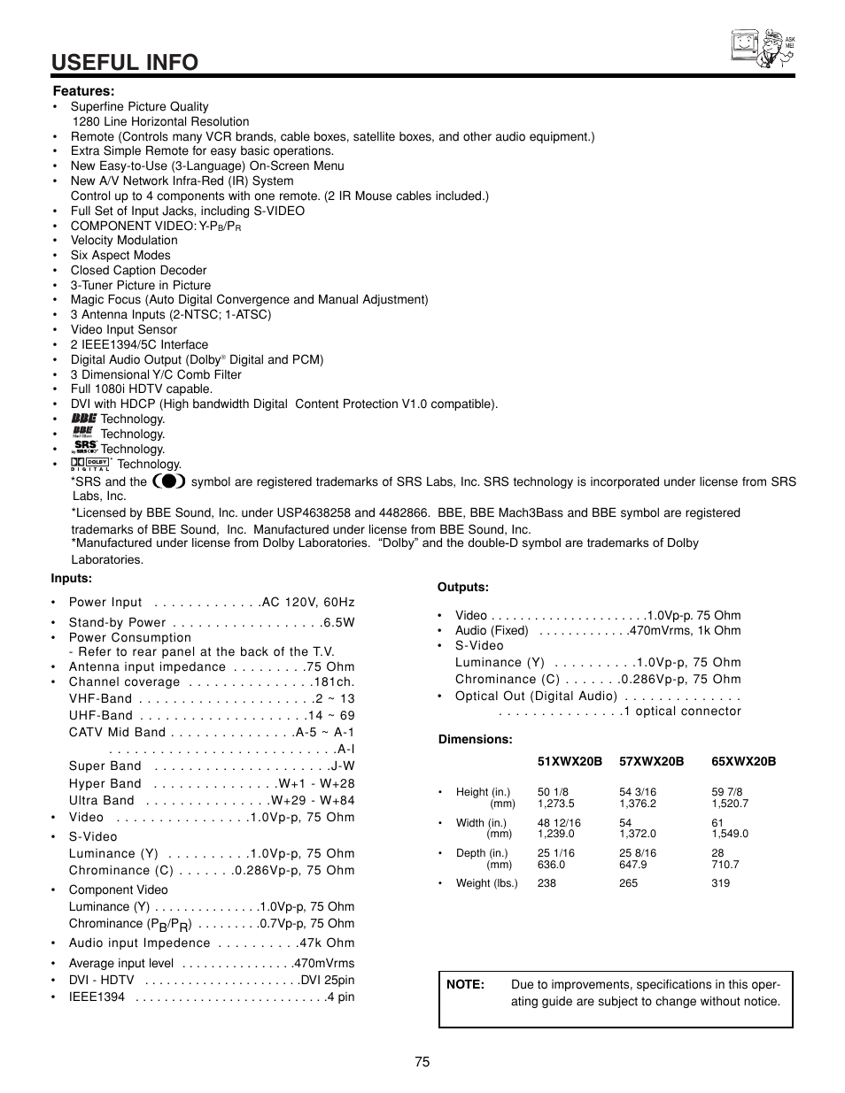 Useful info | Hitachi 57XWX20B User Manual | Page 75 / 80