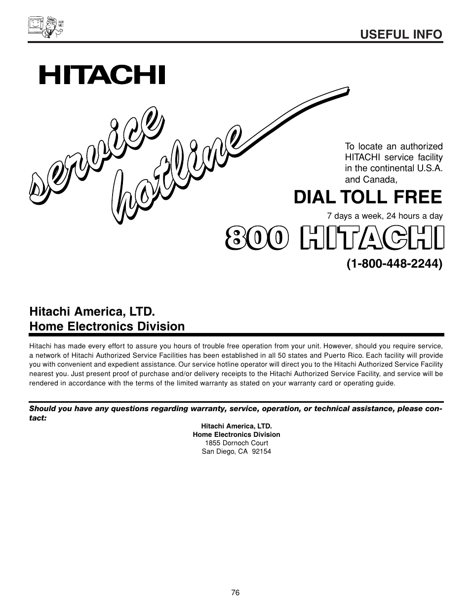 Service ser vic e, 800 hitachi | Hitachi 57XWX20B User Manual | Page 76 / 80