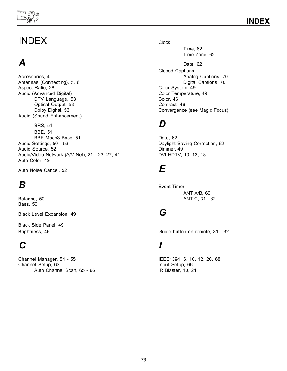 Index | Hitachi 57XWX20B User Manual | Page 78 / 80