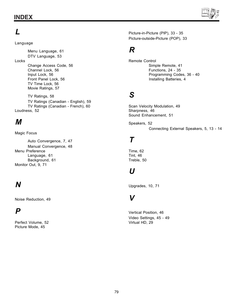 Index | Hitachi 57XWX20B User Manual | Page 79 / 80