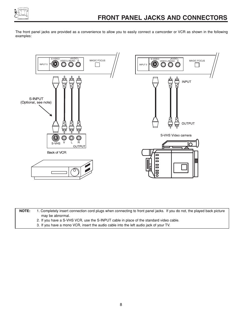 Front panel jacks and connectors | Hitachi 57XWX20B User Manual | Page 8 / 80