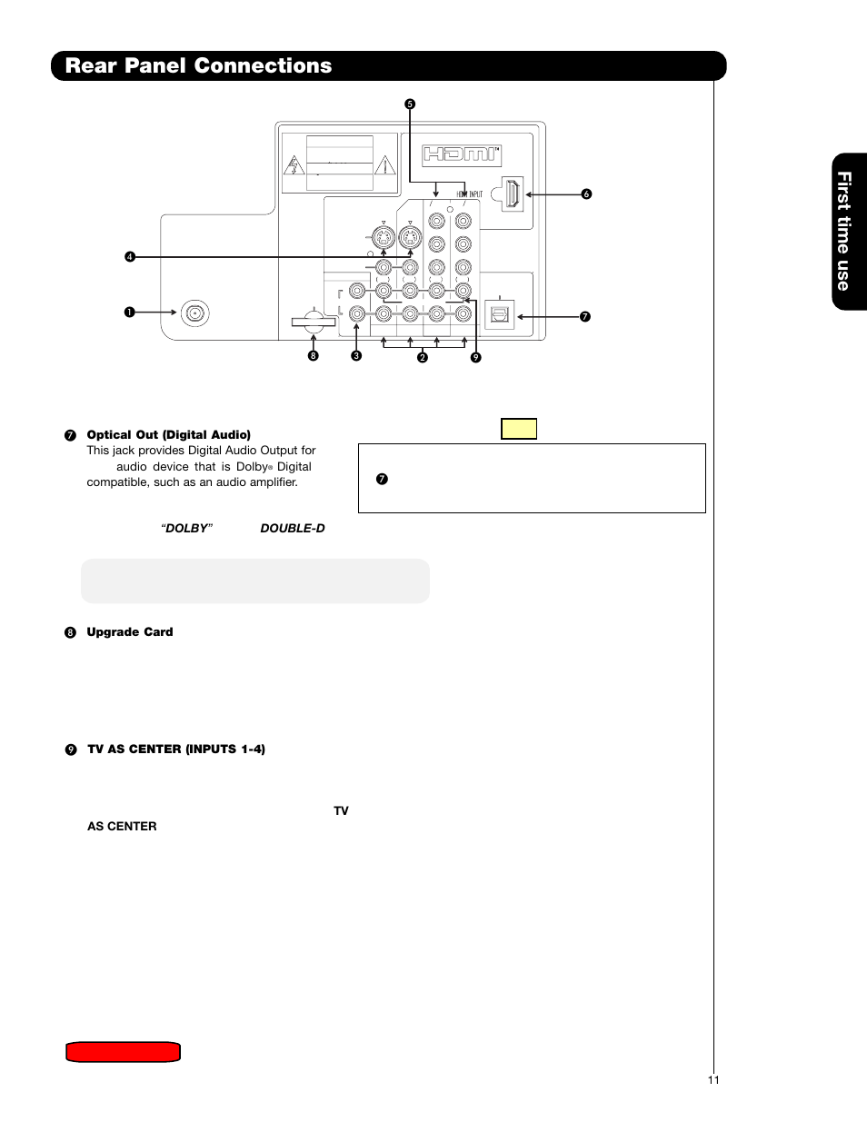 Rear panel connections, First time use, Air / cable | Mise en garde | Hitachi 51F59 User Manual | Page 11 / 75