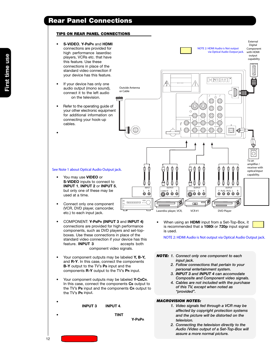 Rear panel connections, First time use, Air / cable | Mise en garde | Hitachi 51F59 User Manual | Page 12 / 75