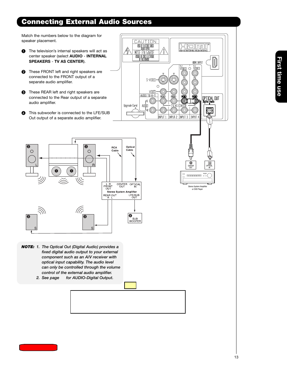 Connecting external audio sources, First time use | Hitachi 51F59 User Manual | Page 13 / 75