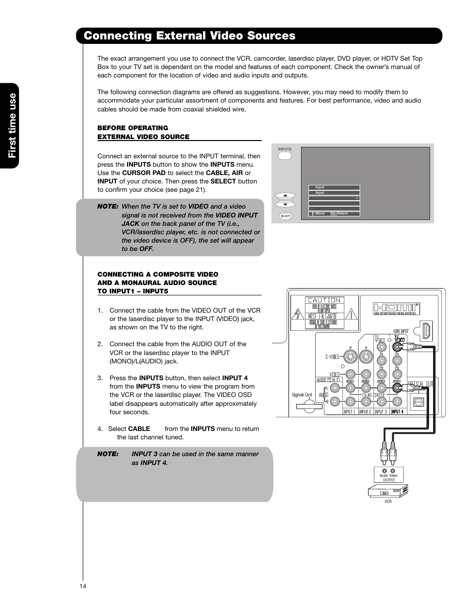 Connecting external video sources, First time use | Hitachi 51F59 User Manual | Page 14 / 75