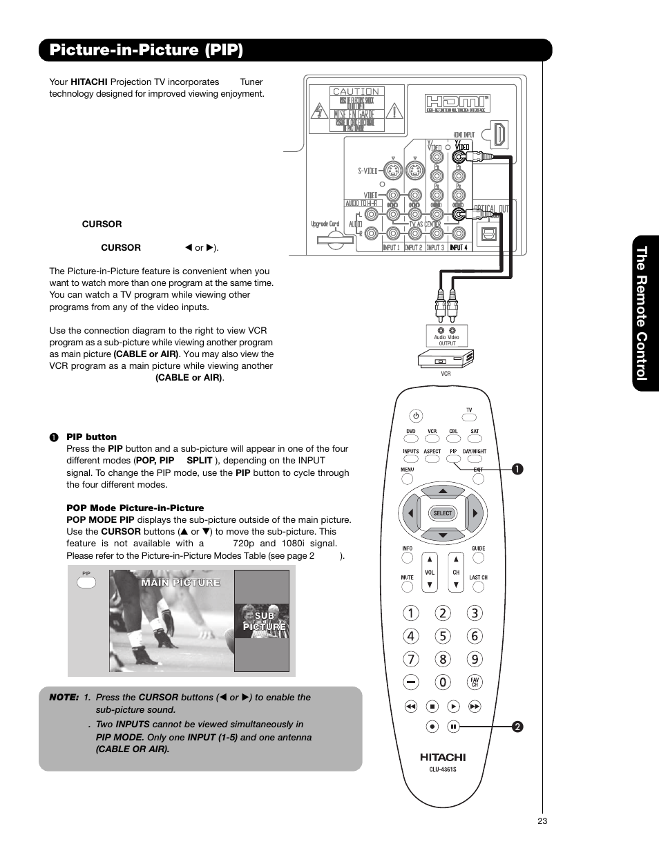 Picture-in-picture (pip), The remote contr ol | Hitachi 51F59 User Manual | Page 23 / 75