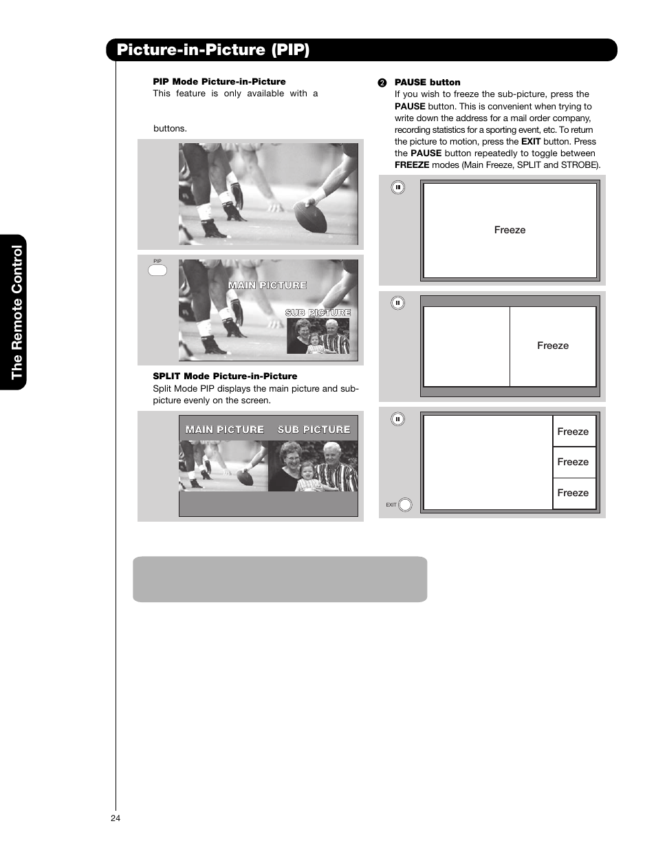 Picture-in-picture (pip), The remote contr ol | Hitachi 51F59 User Manual | Page 24 / 75