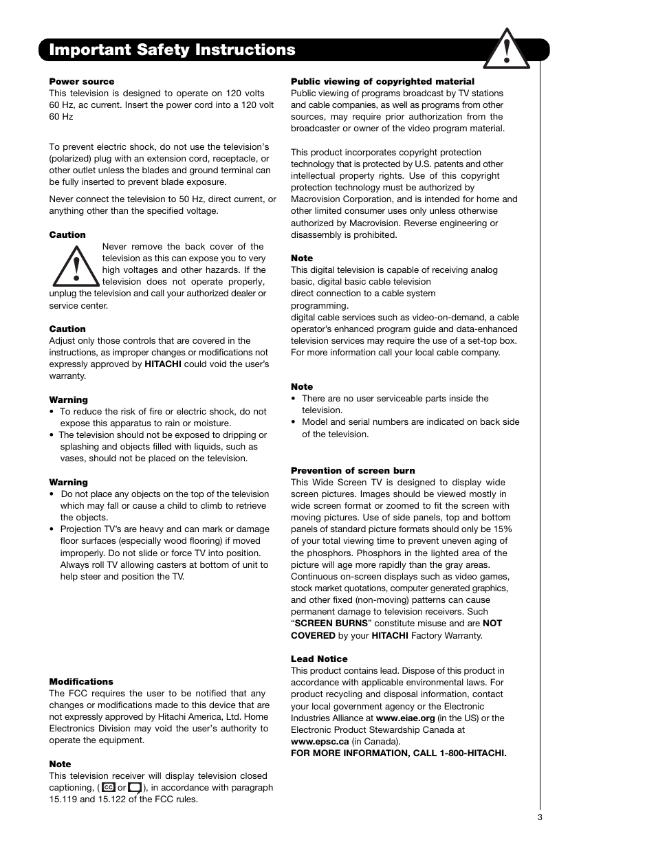 Important safety instructions | Hitachi 51F59 User Manual | Page 3 / 75